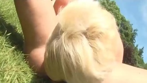 Blond teenies nasty butthole drilled on the grass